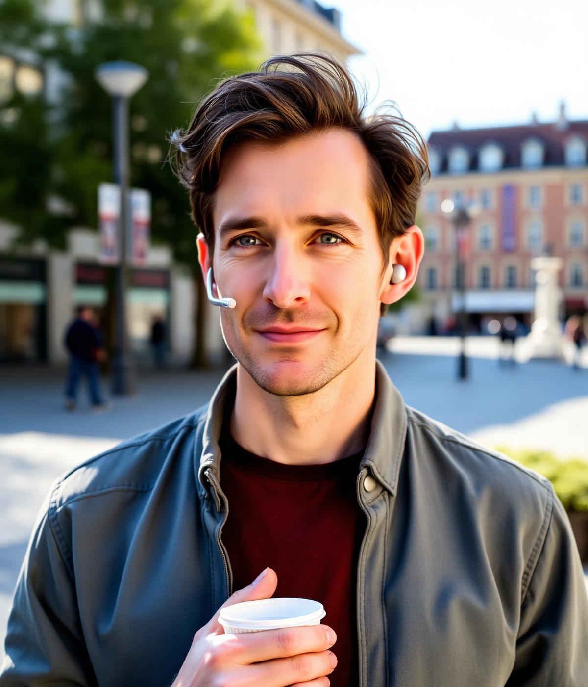 Mann trägt Earbuds im Alltag